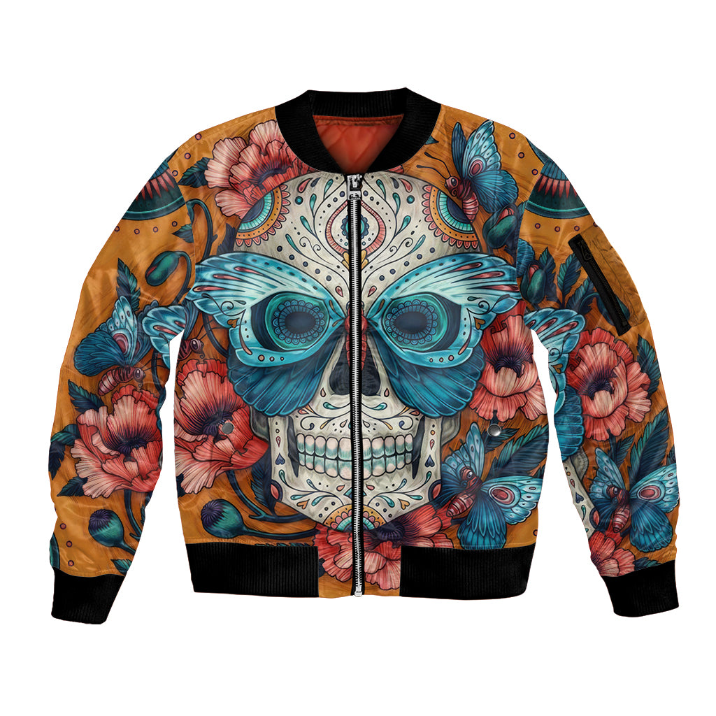 Day of Dead Skull Sleeve Zip Bomber Jacket Sugar Skull Butterfly - Wonder Print Shop