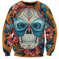 Unisex orange crewneck sweatshirt with colorful sugar skull face and floral butterfly print