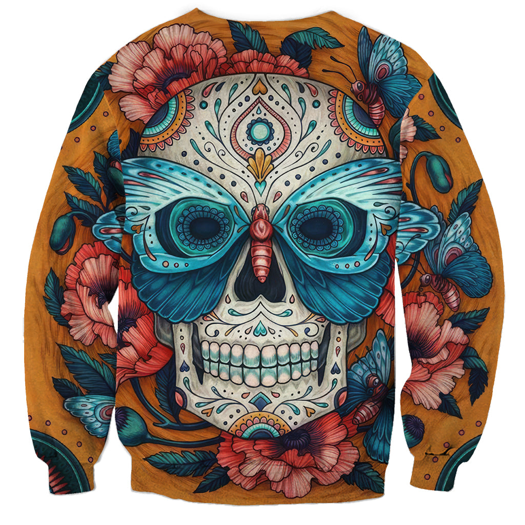 Unisex orange crewneck sweatshirt, large teal-and-red skull graphic with surrounding flowers