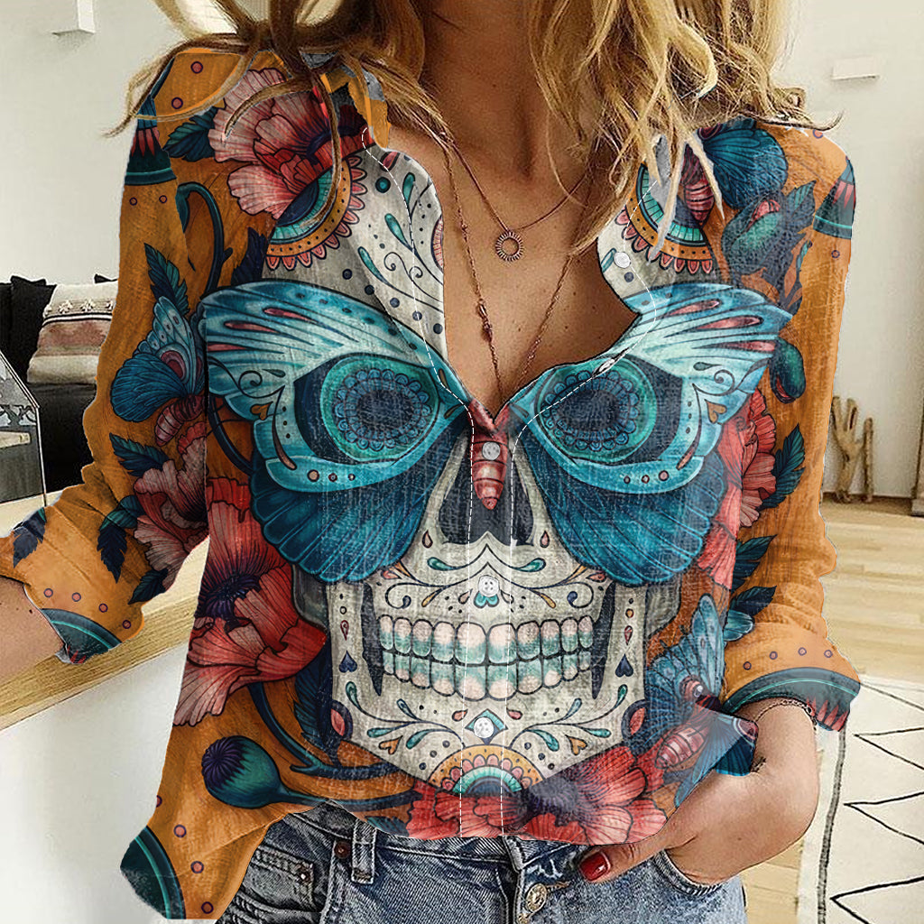 day-of-dead-skull-women-casual-shirt-sugar-skull-butterfly