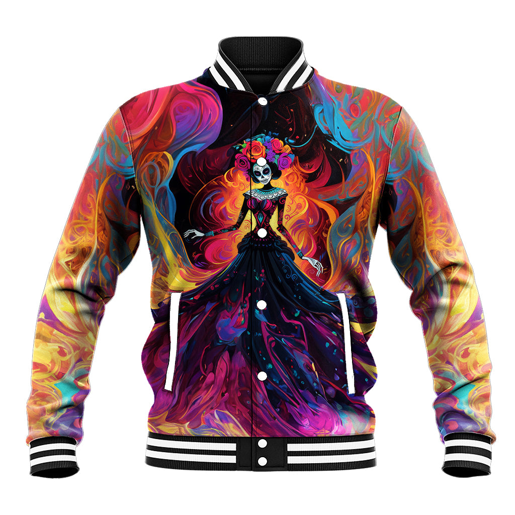 Day of Dead Lady Baseball Jacket Sugar Skull Flame Lady - Wonder Print Shop