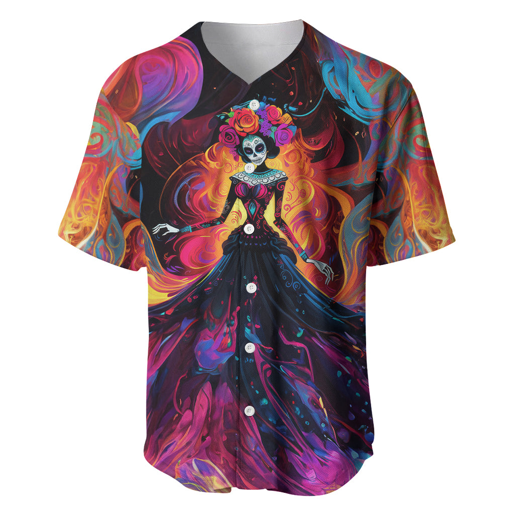 Day of Dead Lady Baseball Jersey Sugar Skull Flame Lady - Wonder Print Shop