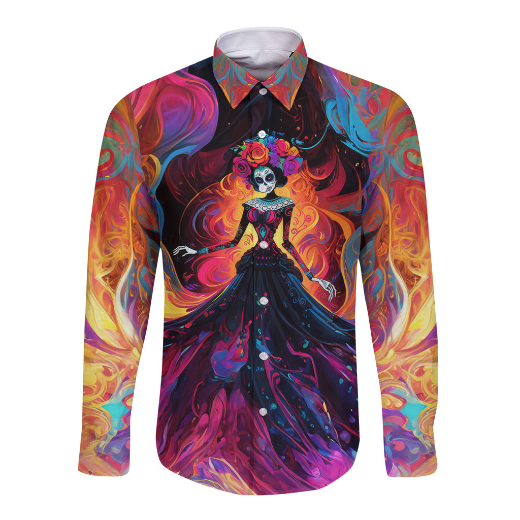 Day of Dead Lady Long Sleeve Button Shirt Sugar Skull Flame Lady - Wonder Print Shop