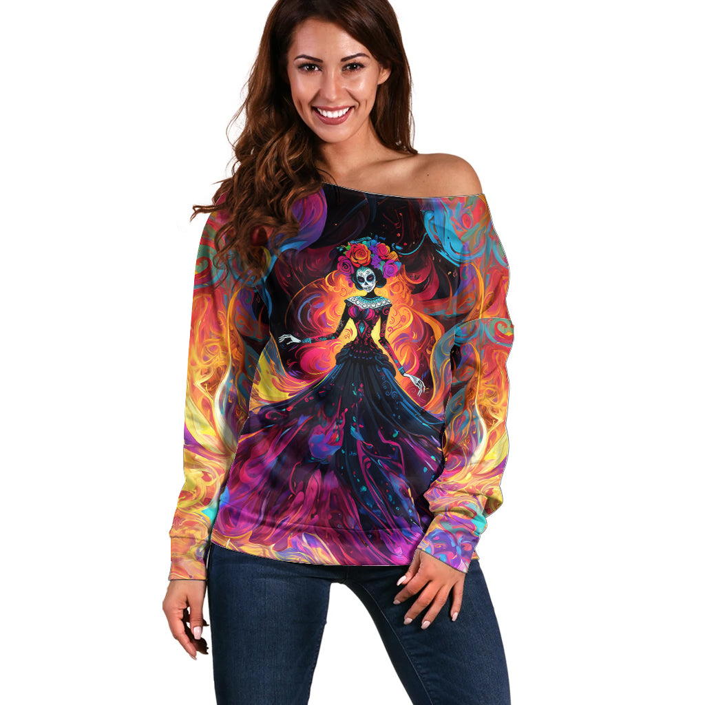 Day of Dead Lady Off Shoulder Sweater Sugar Skull Flame Lady - Wonder Print Shop