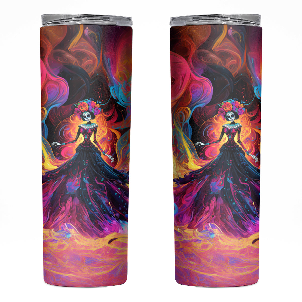 Day of Dead Lady Skinny Tumbler Sugar Skull Flame Lady - Wonder Print Shop