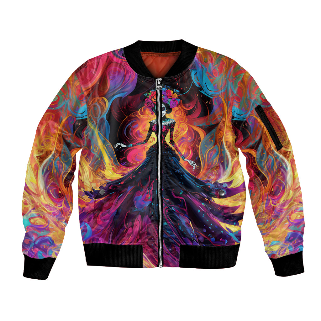 Day of Dead Lady Sleeve Zip Bomber Jacket Sugar Skull Flame Lady - Wonder Print Shop