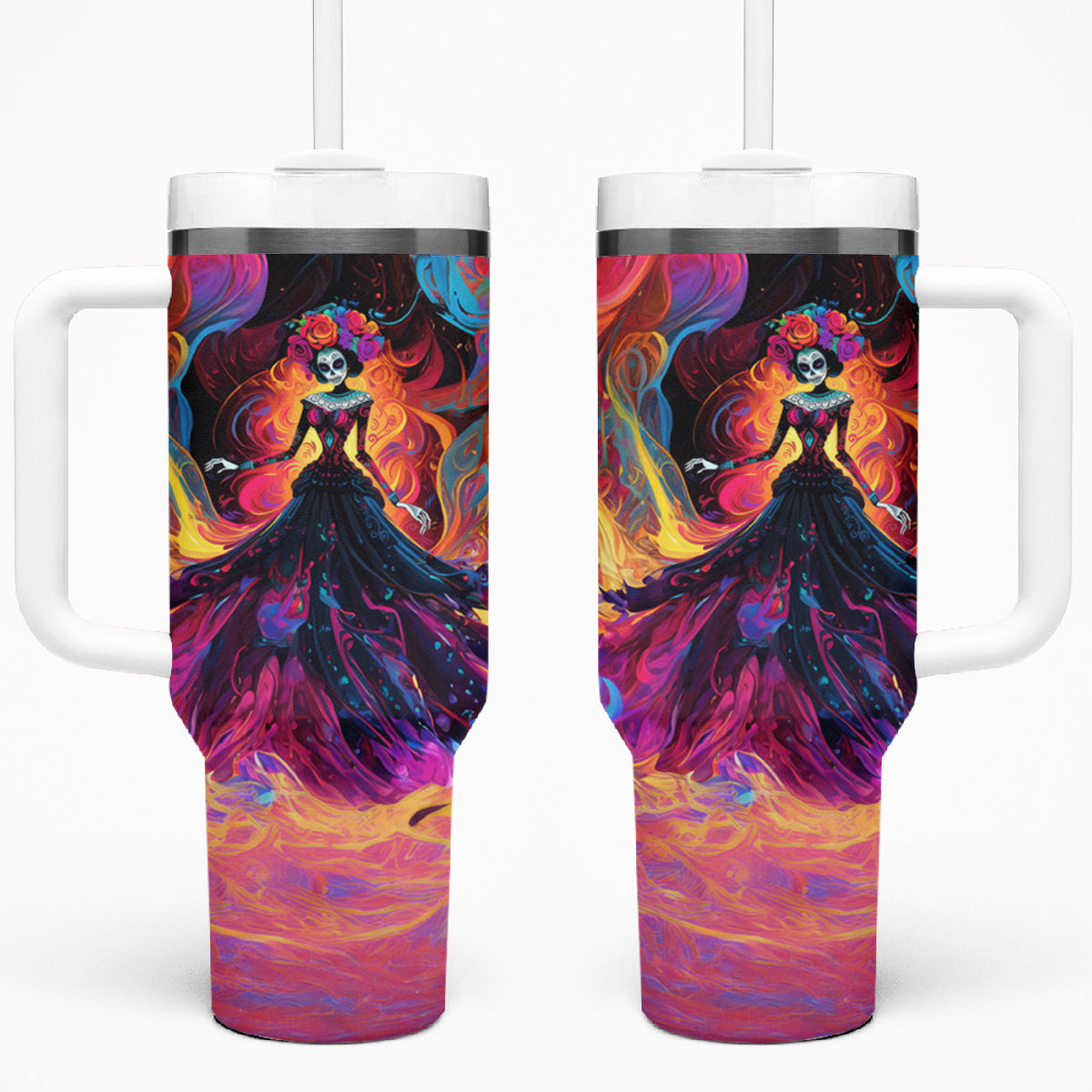 Day of Dead Lady Tumbler With Handle Sugar Skull Flame Lady - Wonder Print Shop