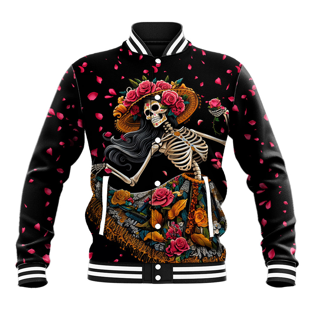 Black baseball jacket with striped ribbed collar, front sugar skull with roses