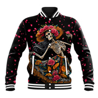 Black baseball jacket with striped ribbed collar, front sugar skull with roses