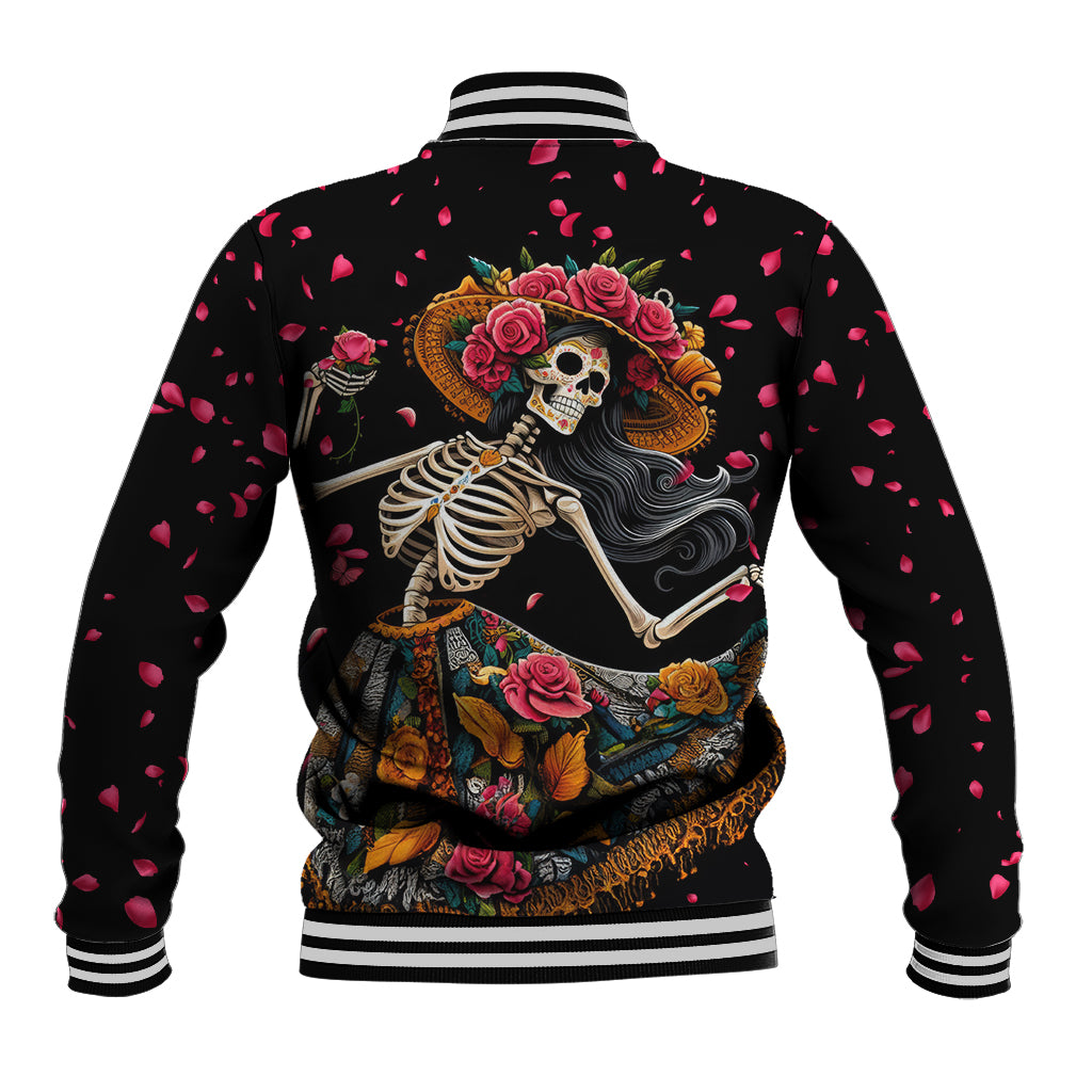 Black baseball jacket with striped ribbed cuffs, back sugar skull with roses