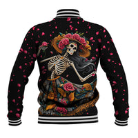 Black baseball jacket with striped ribbed cuffs, back sugar skull with roses
