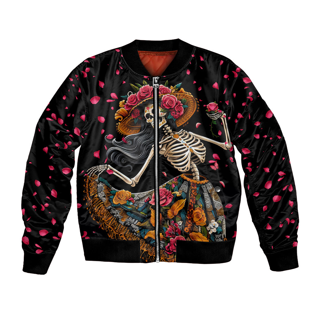 Black bomber jacket with sugar skull dancer graphic, roses, and pink heart pattern