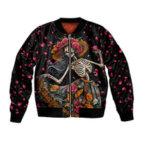 Black bomber jacket with sugar skull dancer graphic, roses, and pink heart pattern