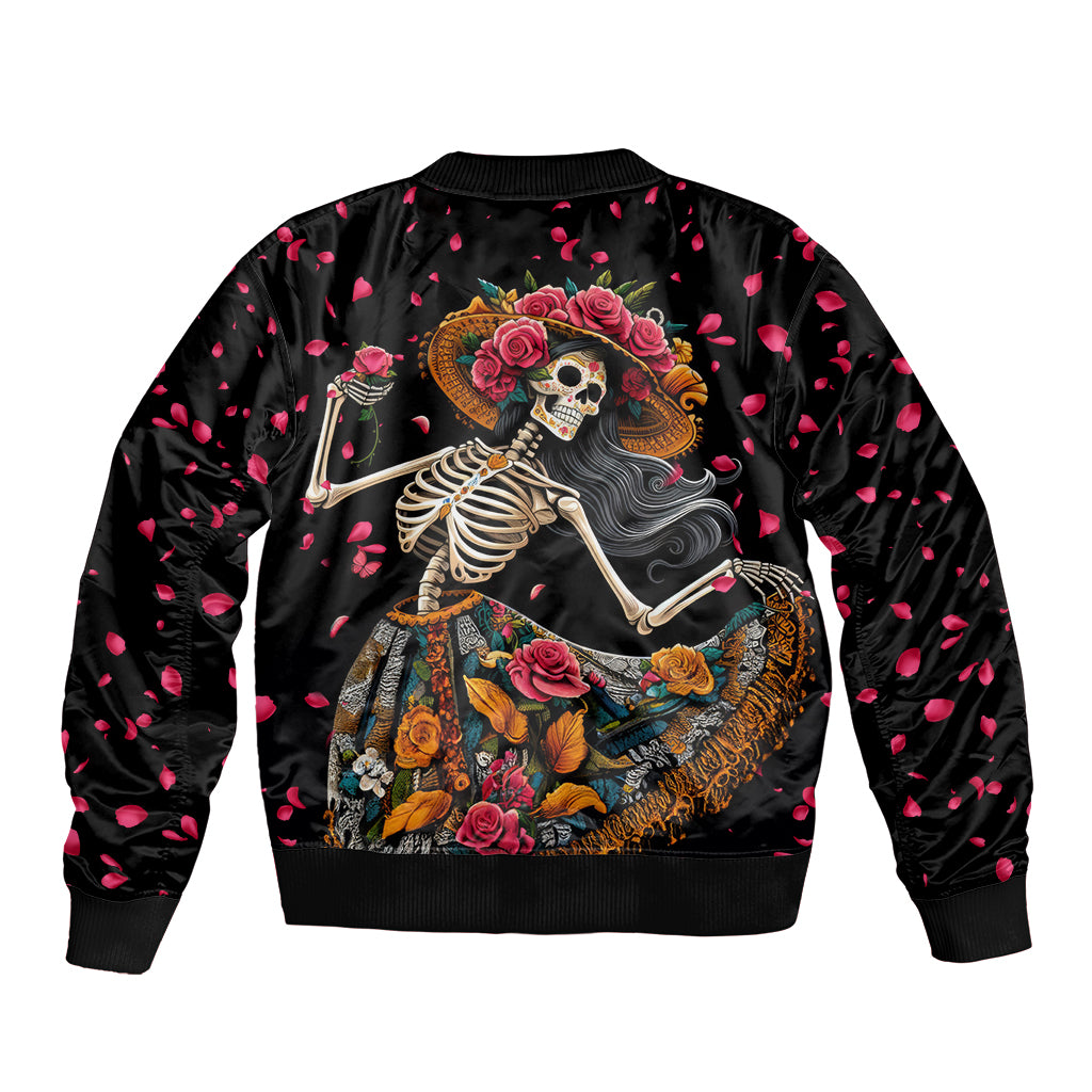 Black bomber jacket with back sugar skull dancer skeleton, roses, and pink heart pattern