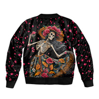 Black bomber jacket with back sugar skull dancer skeleton, roses, and pink heart pattern