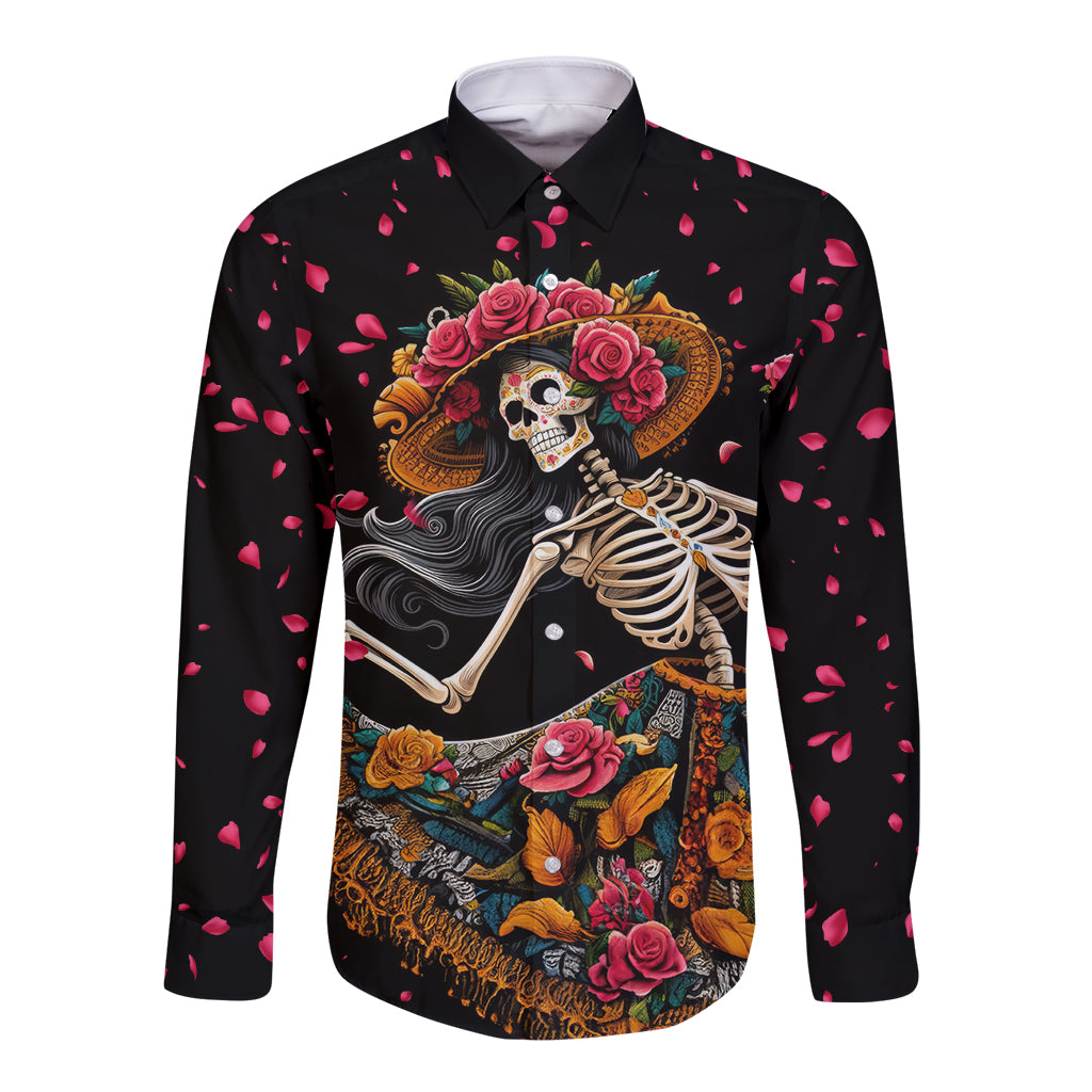 Day of Dead Lady Long Sleeve Button Shirt Sugar Skull Lady Dancing - Wonder Print Shop