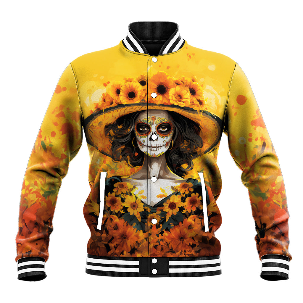 Day of Dead Lady Baseball Jacket Sugar Skull Lady Sunflower - Wonder Print Shop