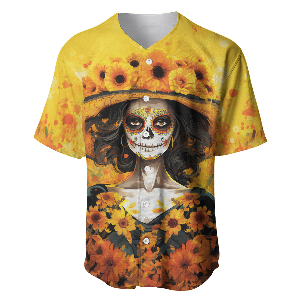 Day of Dead Lady Baseball Jersey Sugar Skull Lady Sunflower - Wonder Print Shop