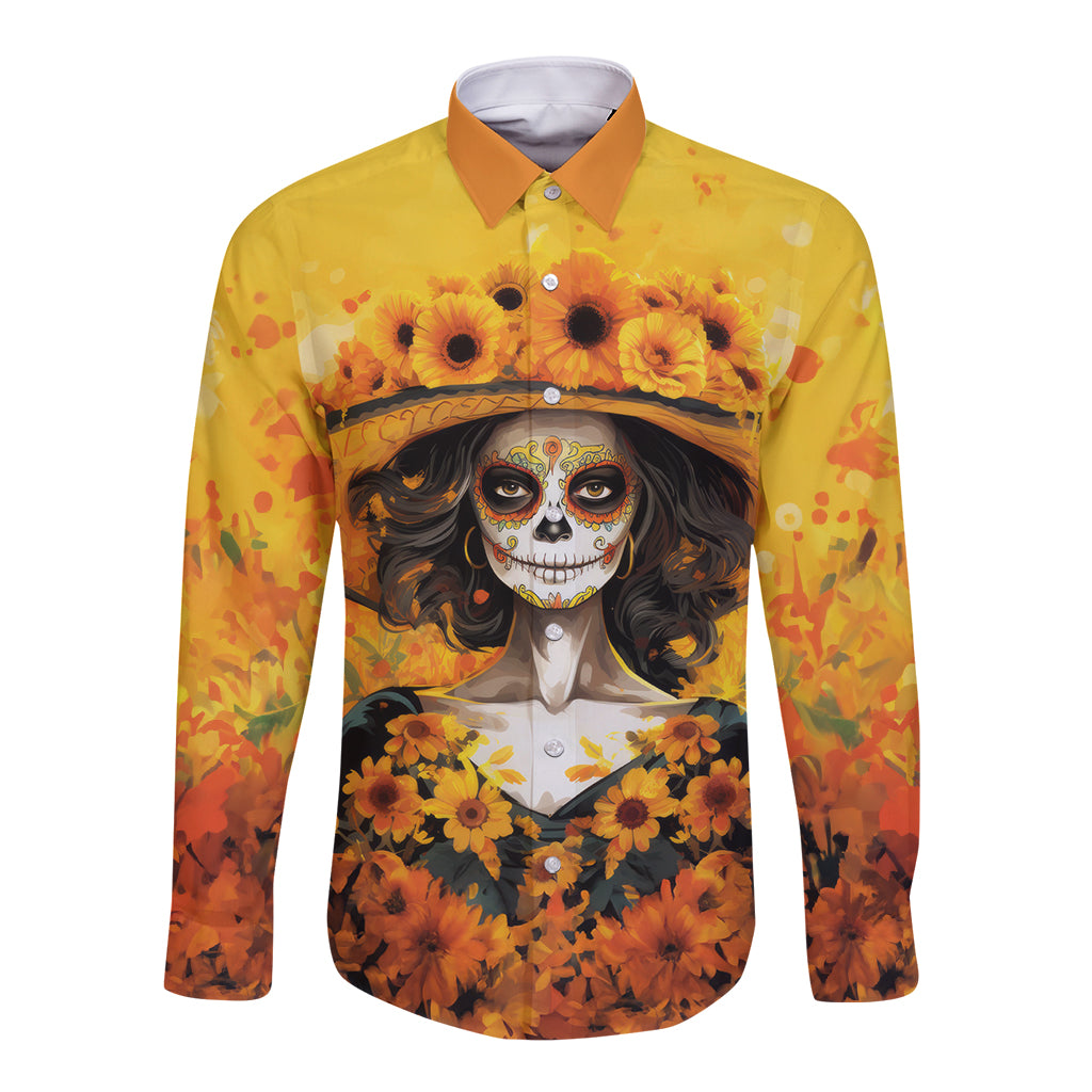 Day of Dead Lady Long Sleeve Button Shirt Sugar Skull Lady Sunflower - Wonder Print Shop