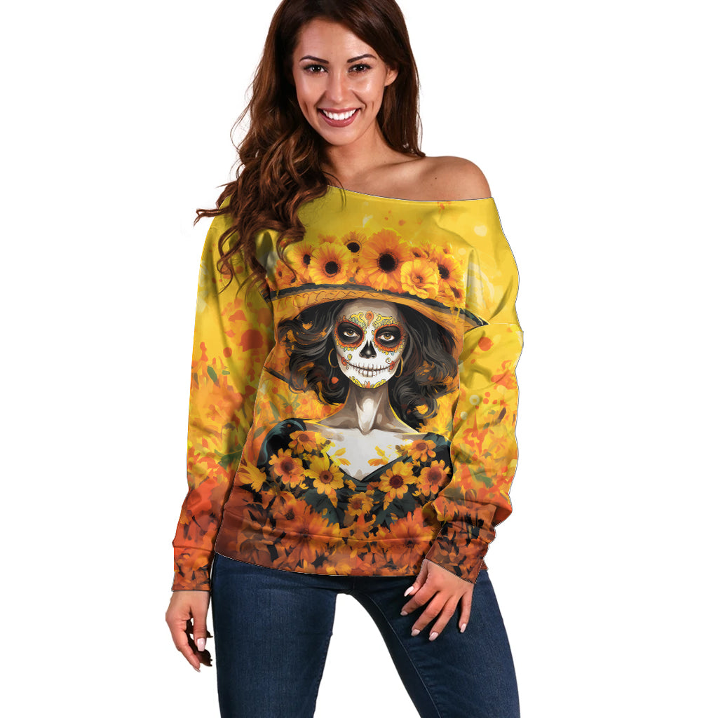 Day of Dead Lady Off Shoulder Sweater Sugar Skull Lady Sunflower - Wonder Print Shop