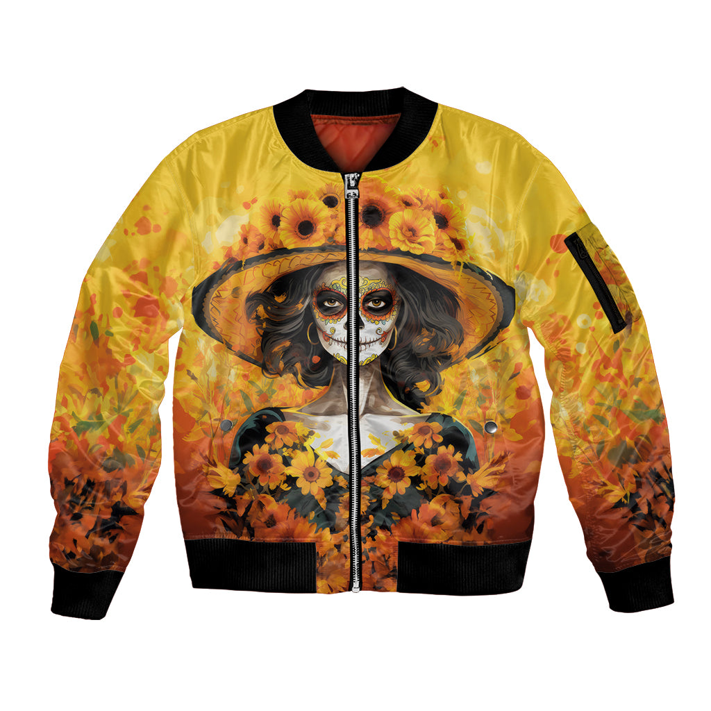 Day of Dead Lady Sleeve Zip Bomber Jacket Sugar Skull Lady Sunflower - Wonder Print Shop