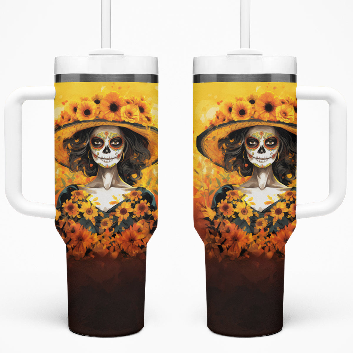 Day of Dead Lady Tumbler With Handle Sugar Skull Lady Sunflower - Wonder Print Shop