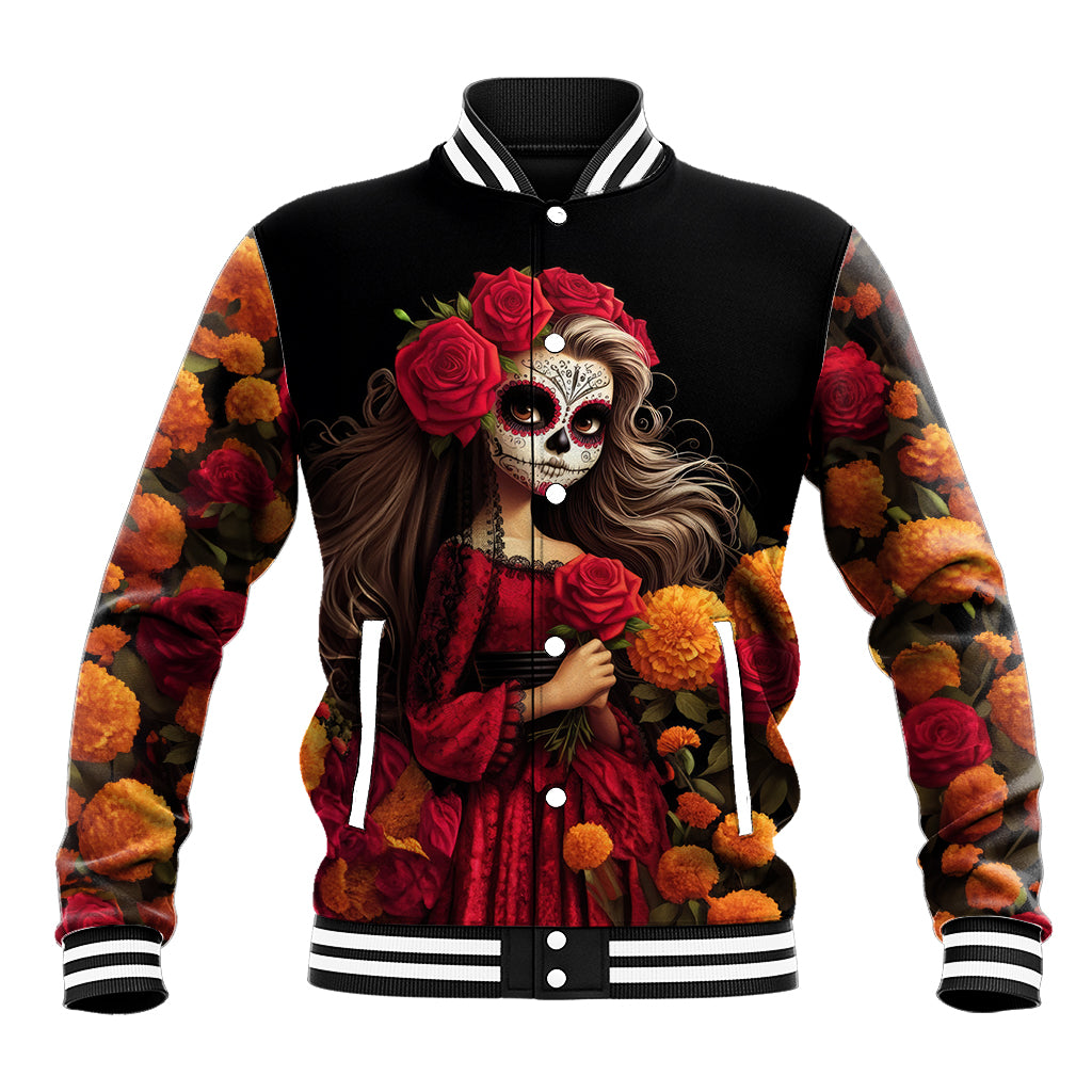 Day of Dead Girl Baseball Jacket Sugar Skull Girl Rose And Marigold - Wonder Print Shop