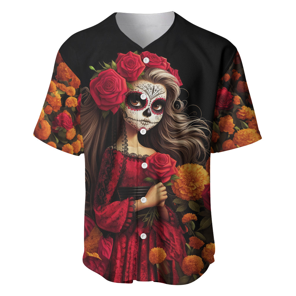 Day of Dead Girl Baseball Jersey Sugar Skull Girl Rose And Marigold - Wonder Print Shop