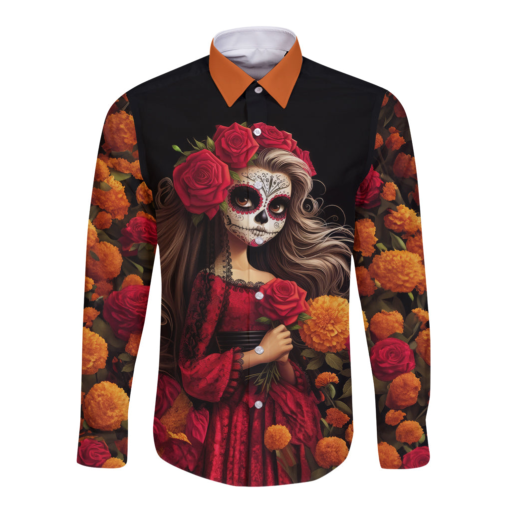 Black long-sleeve button shirt with sugar skull girl, roses, and marigold print