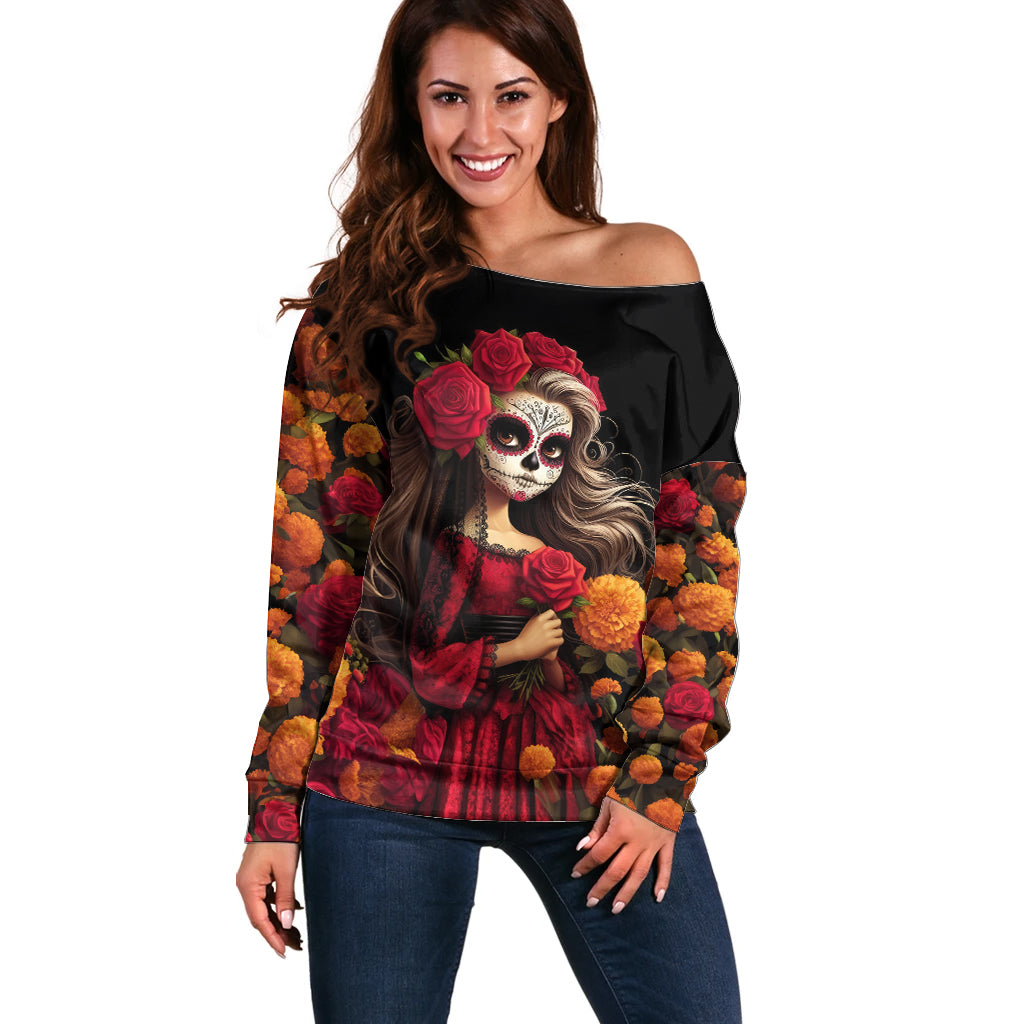 Day of Dead Girl Off Shoulder Sweater Sugar Skull Girl Rose And Marigold - Wonder Print Shop