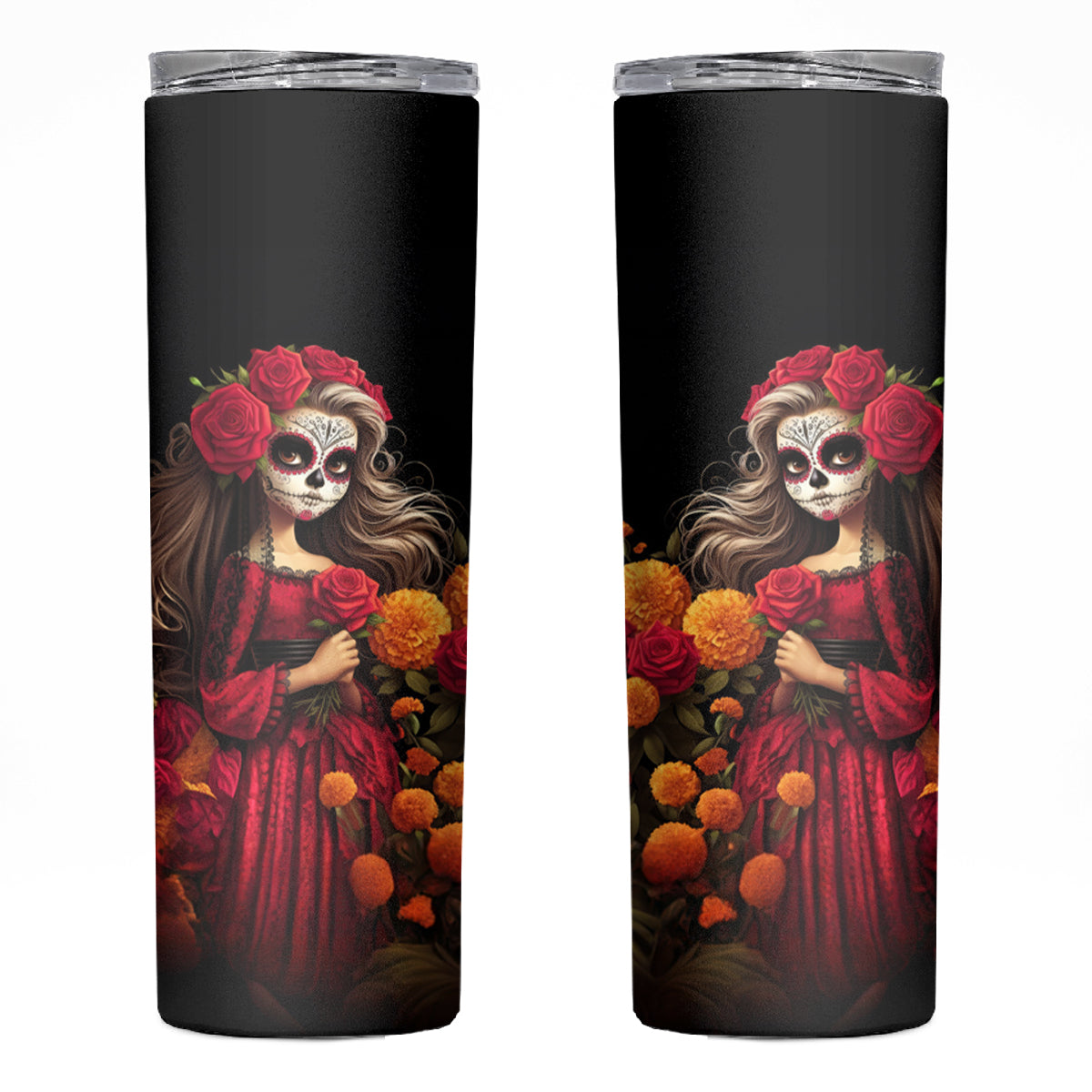 Day of Dead Girl Skinny Tumbler Sugar Skull Girl Rose And Marigold - Wonder Print Shop