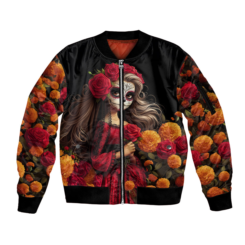 Day of Dead Girl Sleeve Zip Bomber Jacket Sugar Skull Girl Rose And Marigold - Wonder Print Shop