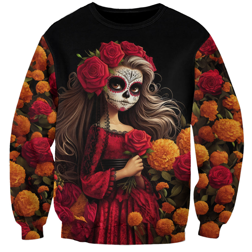 Unisex black sweatshirt with sugar skull girl, roses, and marigold floral print