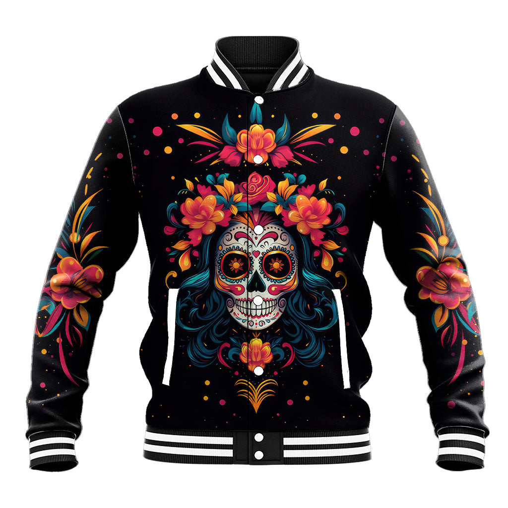 Black baseball jacket with colorful Day of the Dead skull graphic, striped rib trim