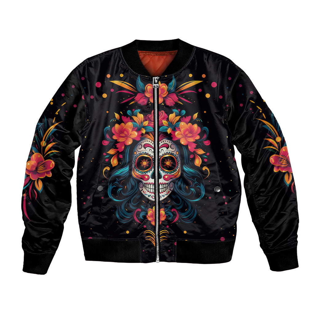 Black bomber jacket with full-zip and colorful sugar skull graphic