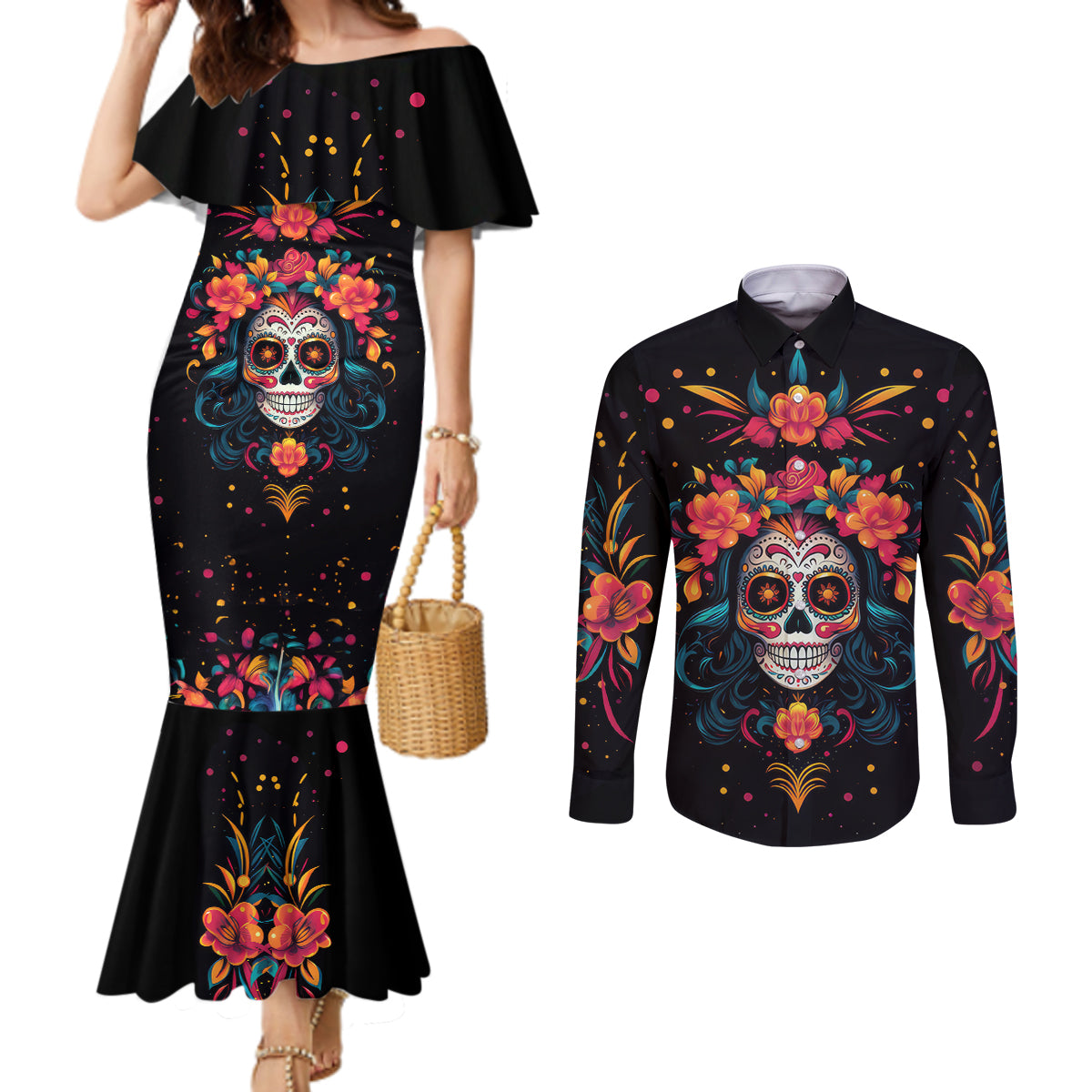 day-of-dead-skull-couples-matching-mermaid-dress-and-long-sleeve-button-shirt-sugar-skull-festival-lady