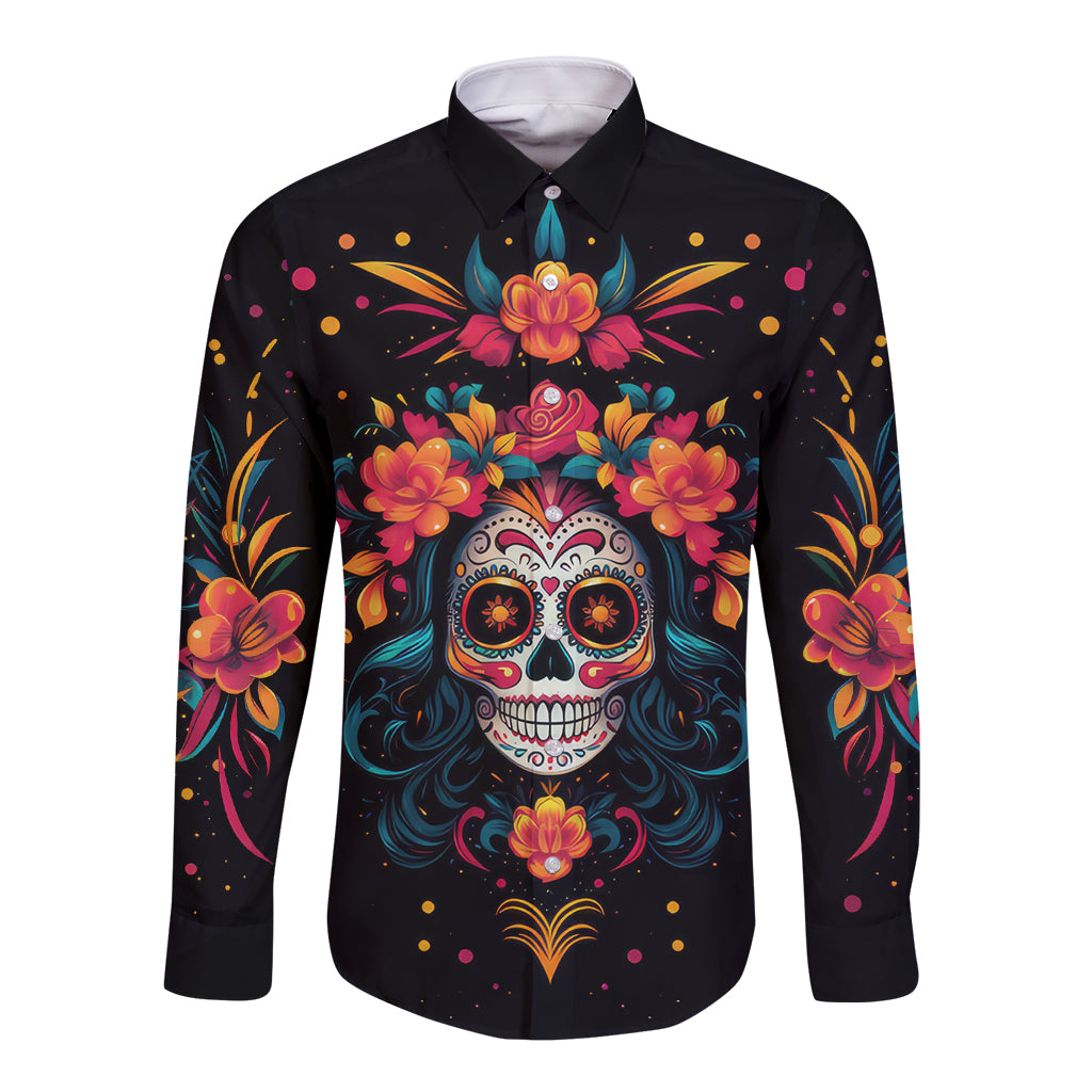 Day of Dead Skull Long Sleeve Button Shirt Sugar Skull Festival Lady - Wonder Print Shop