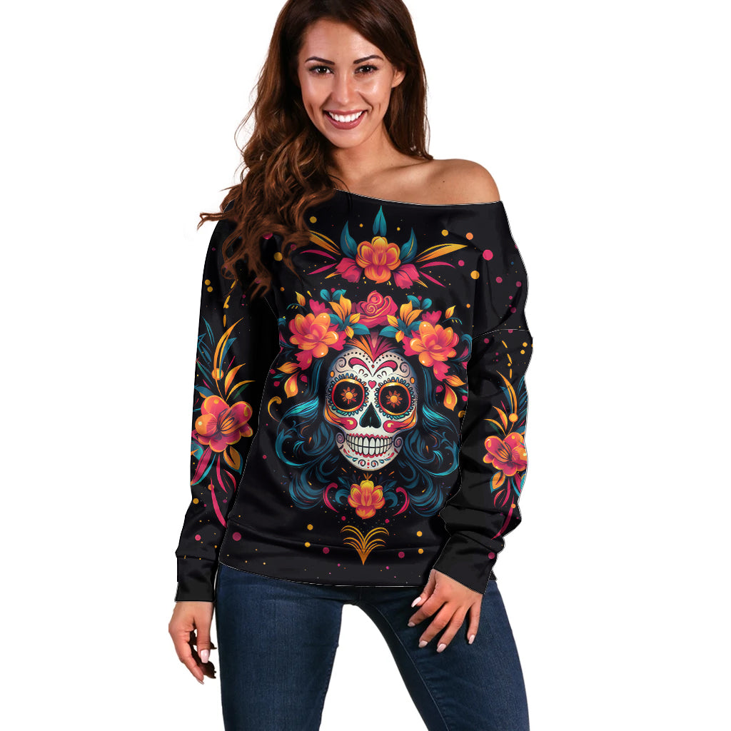 Day of Dead Skull Off Shoulder Sweater Sugar Skull Festival Lady - Wonder Print Shop