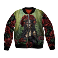 Green bomber jacket with sugar skull portrait and red roses, zip-front design
