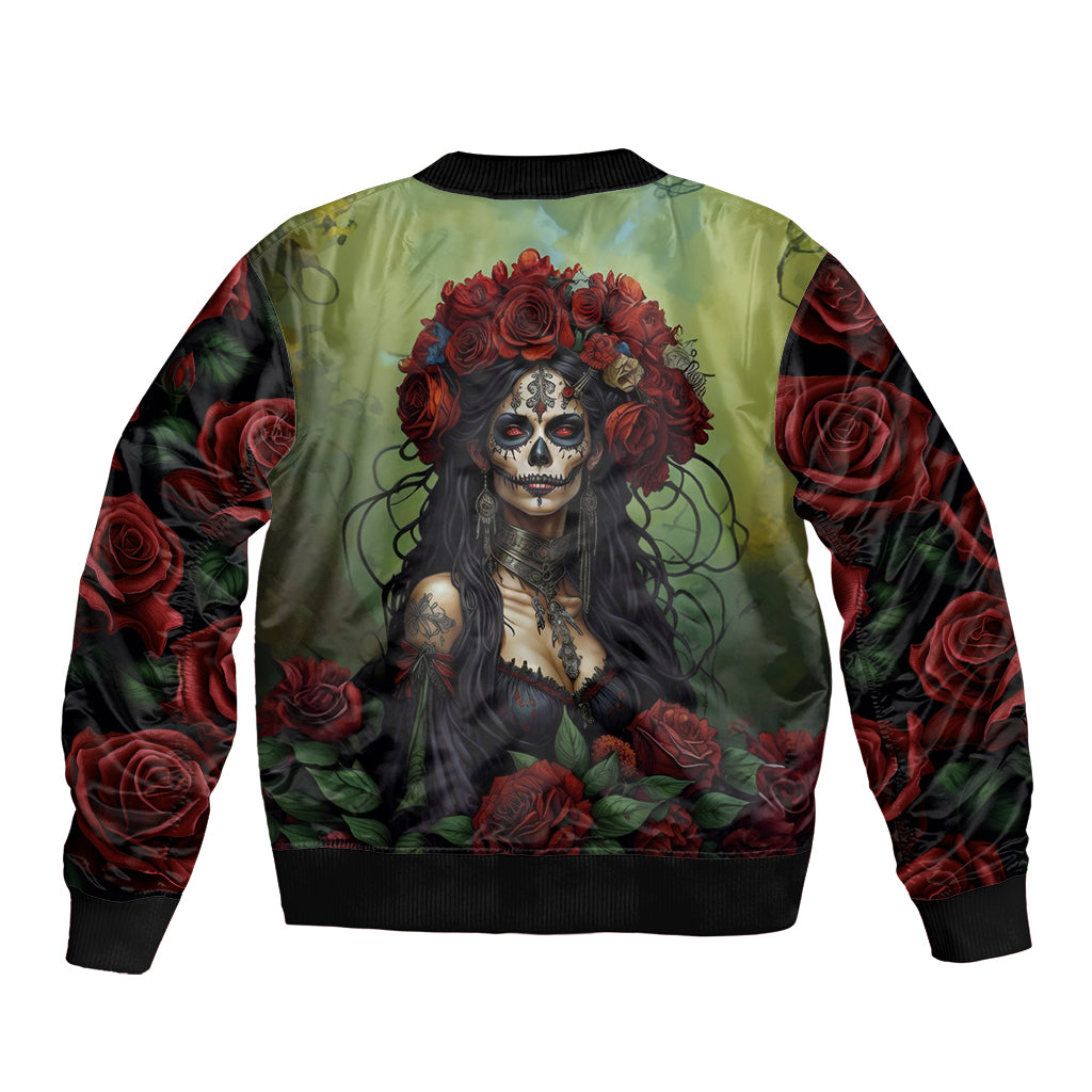 Green bomber jacket back with sugar skull woman, red roses wreath, ribbed hem