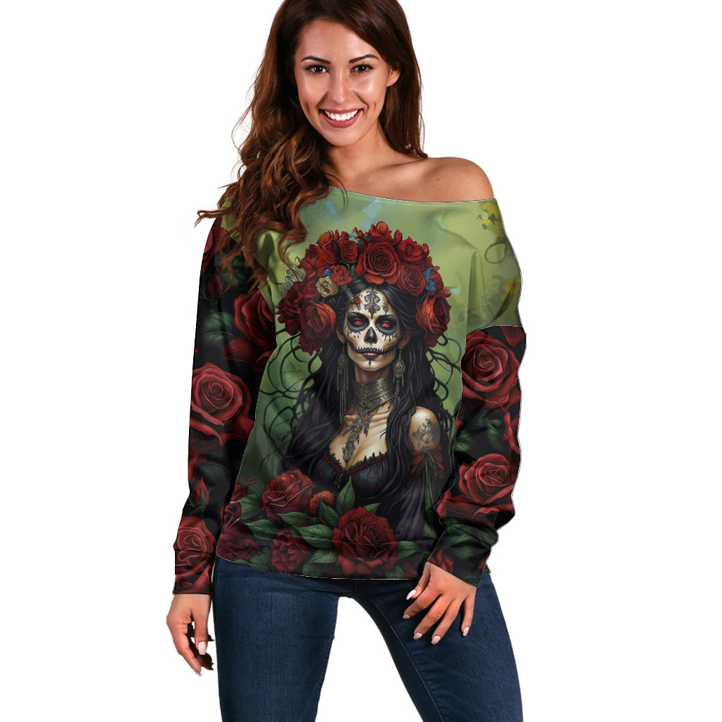 Day of Dead Lady Off Shoulder Sweater Sugar Skull Rose Lady - Wonder Print Shop