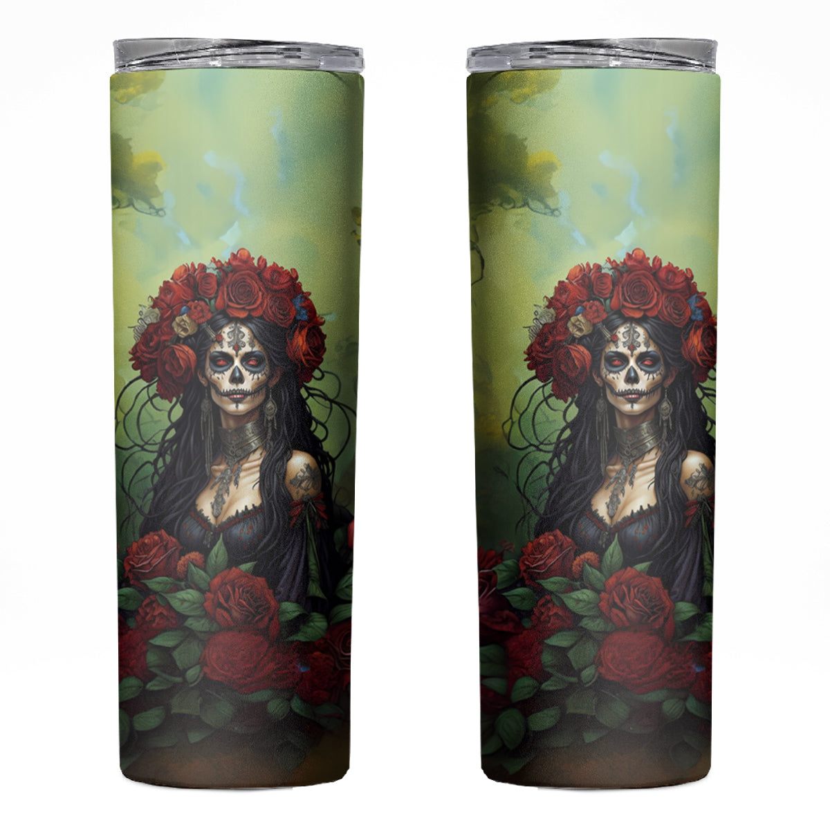 Day of Dead Lady Skinny Tumbler Sugar Skull Rose Lady