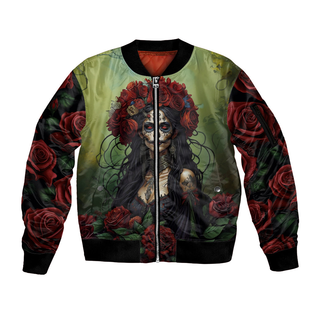 Day of Dead Lady Sleeve Zip Bomber Jacket Sugar Skull Rose Lady - Wonder Print Shop