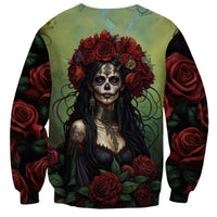 Unisex green crewneck sweatshirt featuring skull lady portrait with red roses and long sleeves