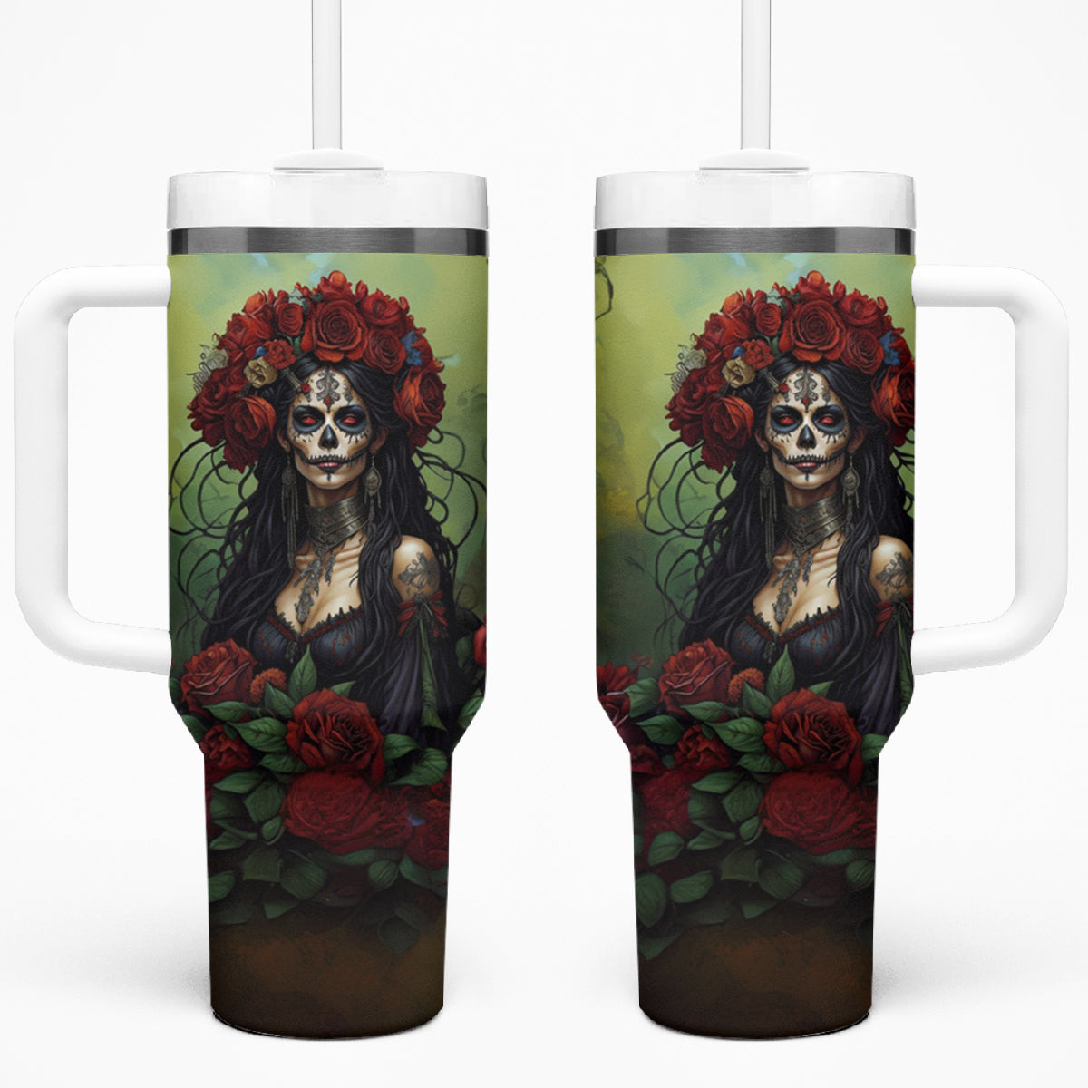 Day of Dead Lady Tumbler With Handle Sugar Skull Rose Lady - Wonder Print Shop