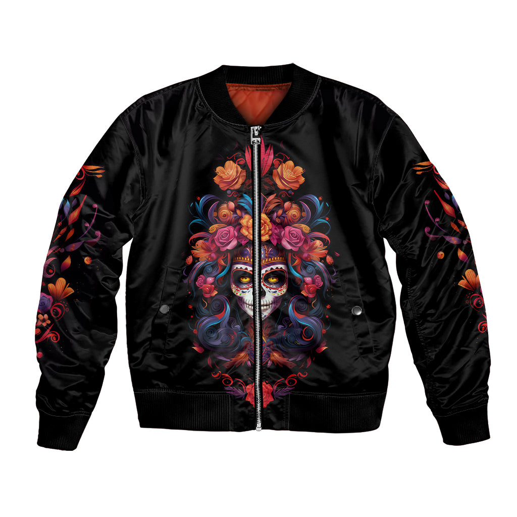 Black satin bomber jacket with front zipper and colorful sugar skull floral print