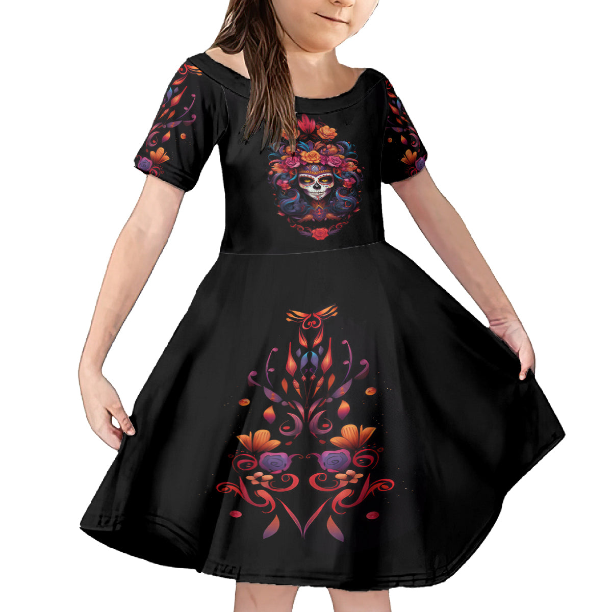 Day of Dead Skull Kid Short Sleeve Dress Sugar Skull Festival Lady - Wonder Print Shop