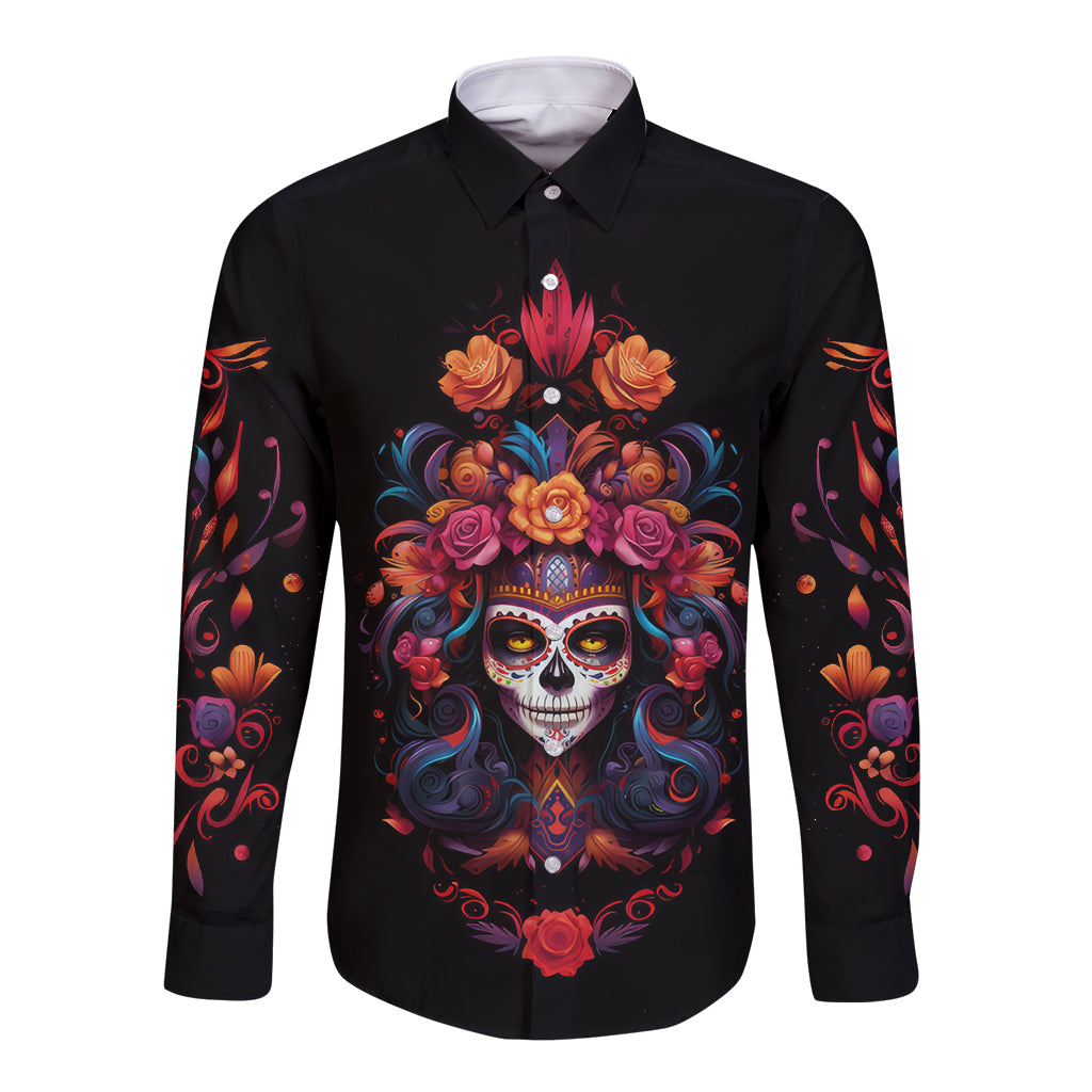 Day of Dead Skull Long Sleeve Button Shirt Sugar Skull Festival Lady - Wonder Print Shop