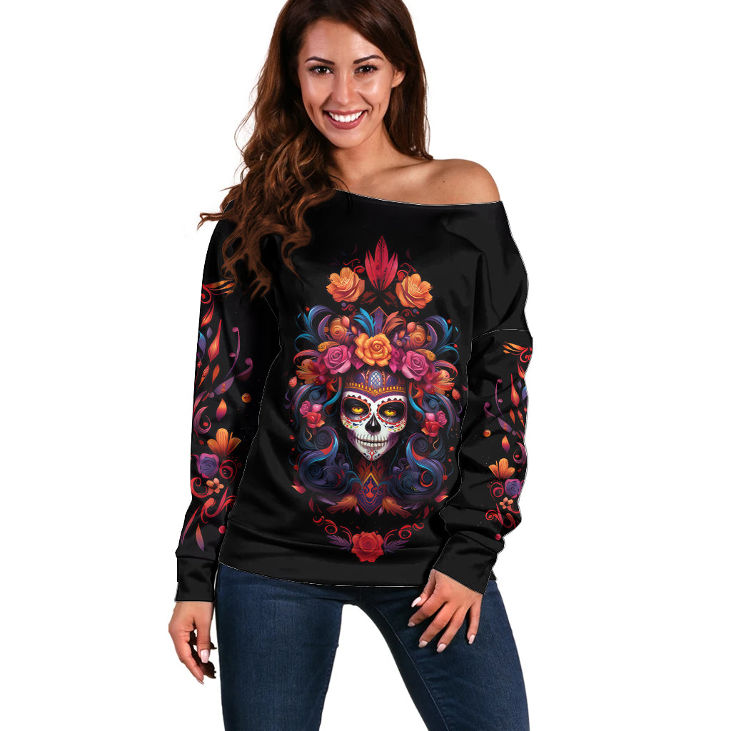 Day of Dead Skull Off Shoulder Sweater Sugar Skull Festival Lady - Wonder Print Shop