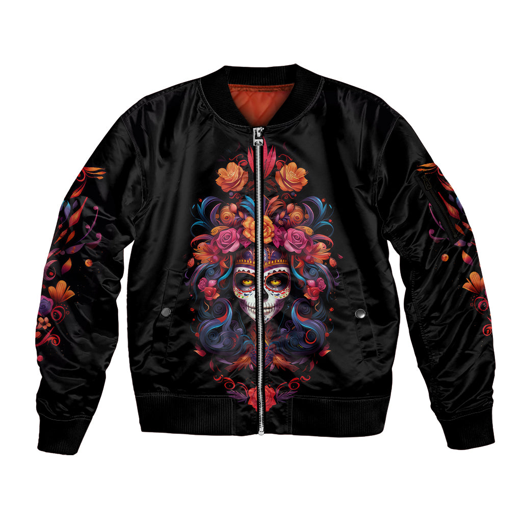 Day of Dead Skull Sleeve Zip Bomber Jacket Sugar Skull Festival Lady - Wonder Print Shop